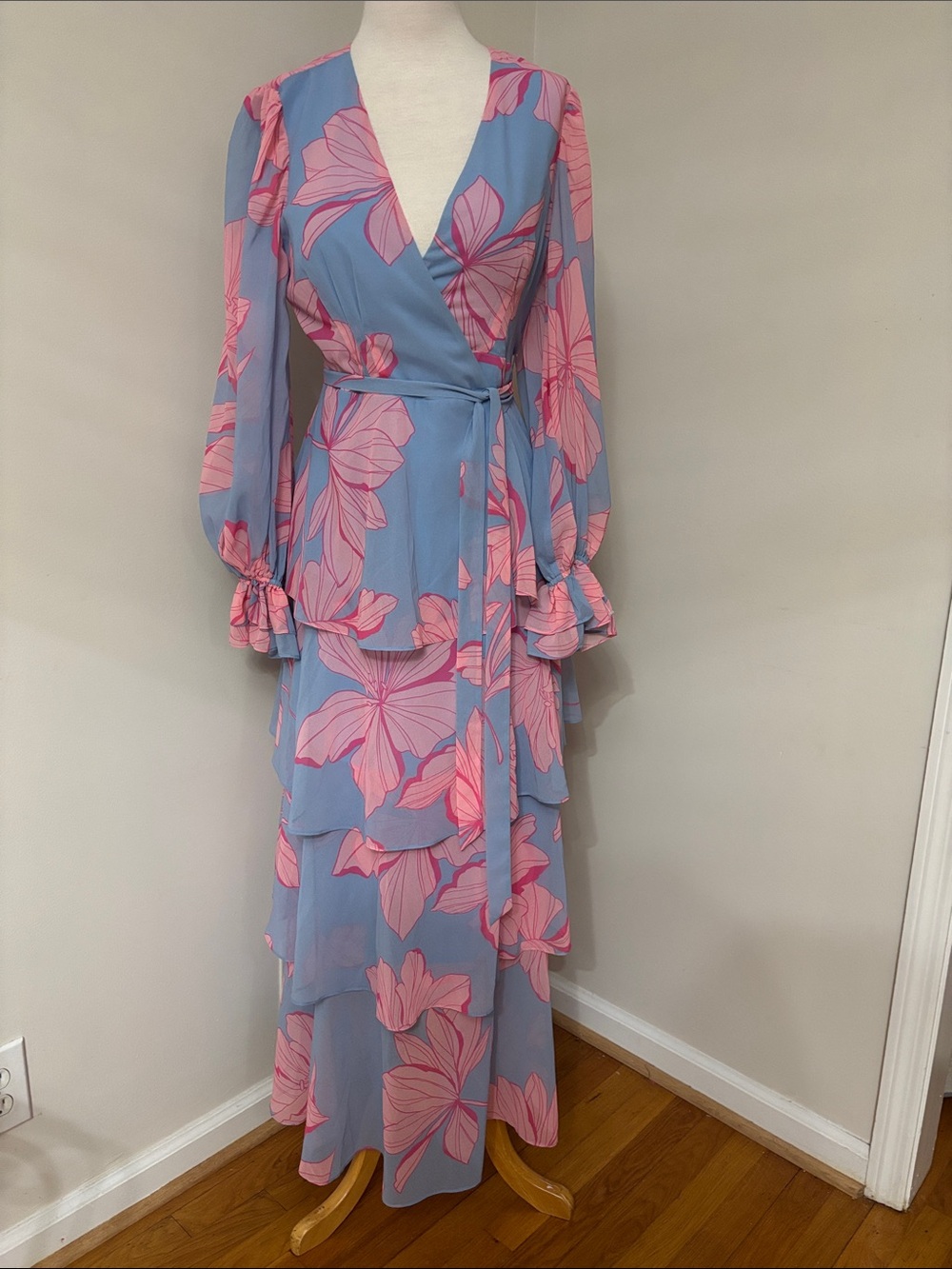 Hutch Blue and Pink Floral Wrap Maxi Dress S - Picture 1 of 6